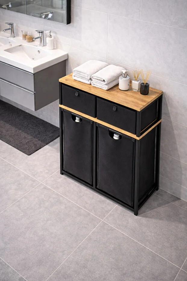 Metal Kızaklı Çamaşır Sepeti 2 Adet Saklama Kutulu